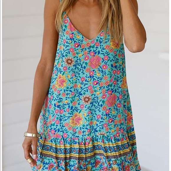 🏆Boho Turquoise Floral Dress - Picture 5 of 7